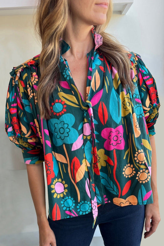 Floral Ruffle Tied V-Neck Blouse