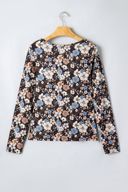 Leopard & Floral Square Neck Long Sleeve T-Shirt