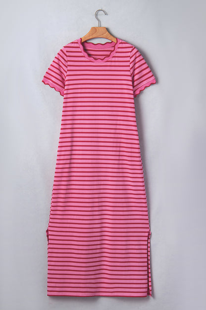 Stripe Scalloped Trim Short Sleeve Side Slit Dress