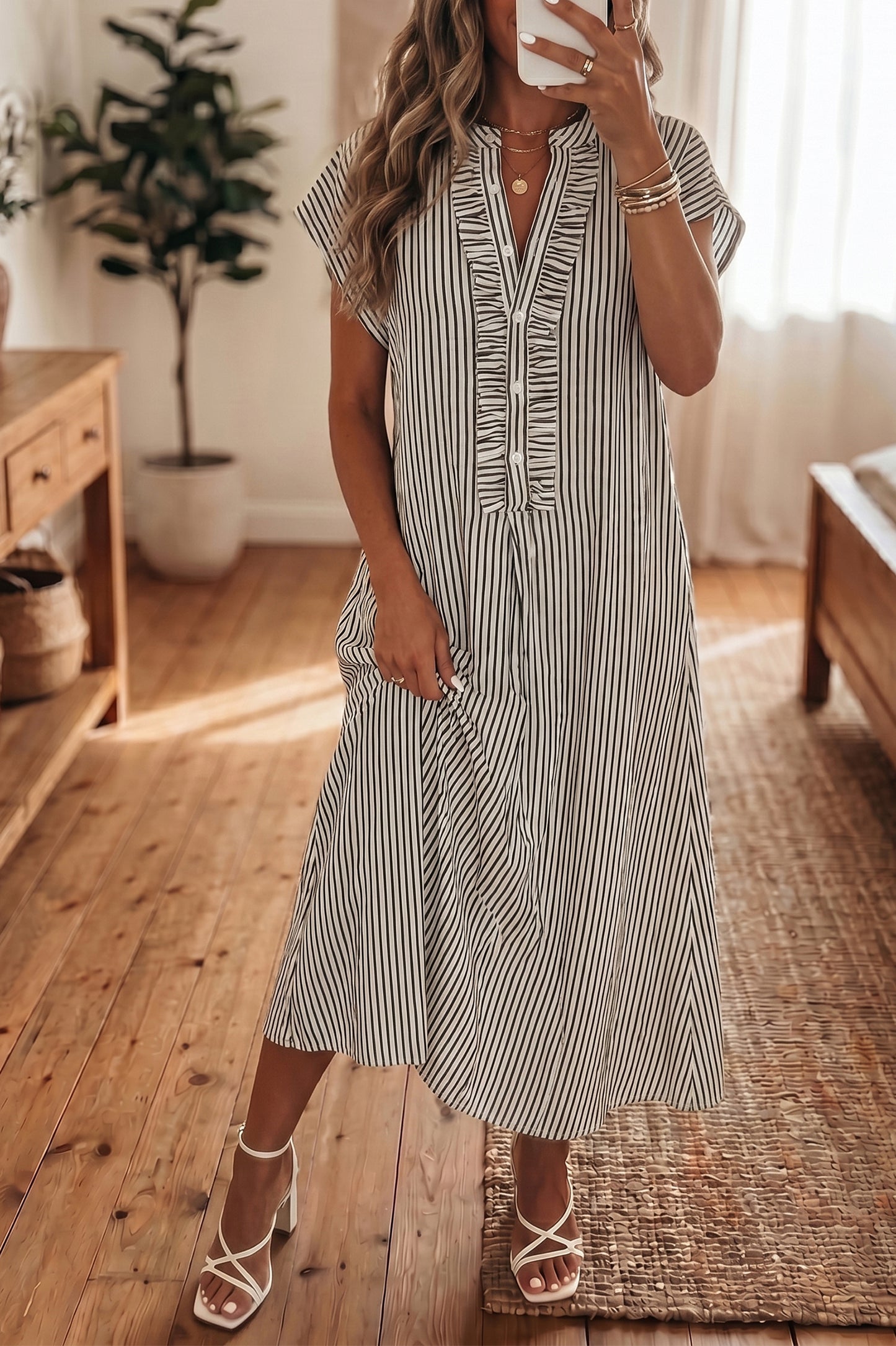 Stripe Frilled Half Buttoned Maxi Dress