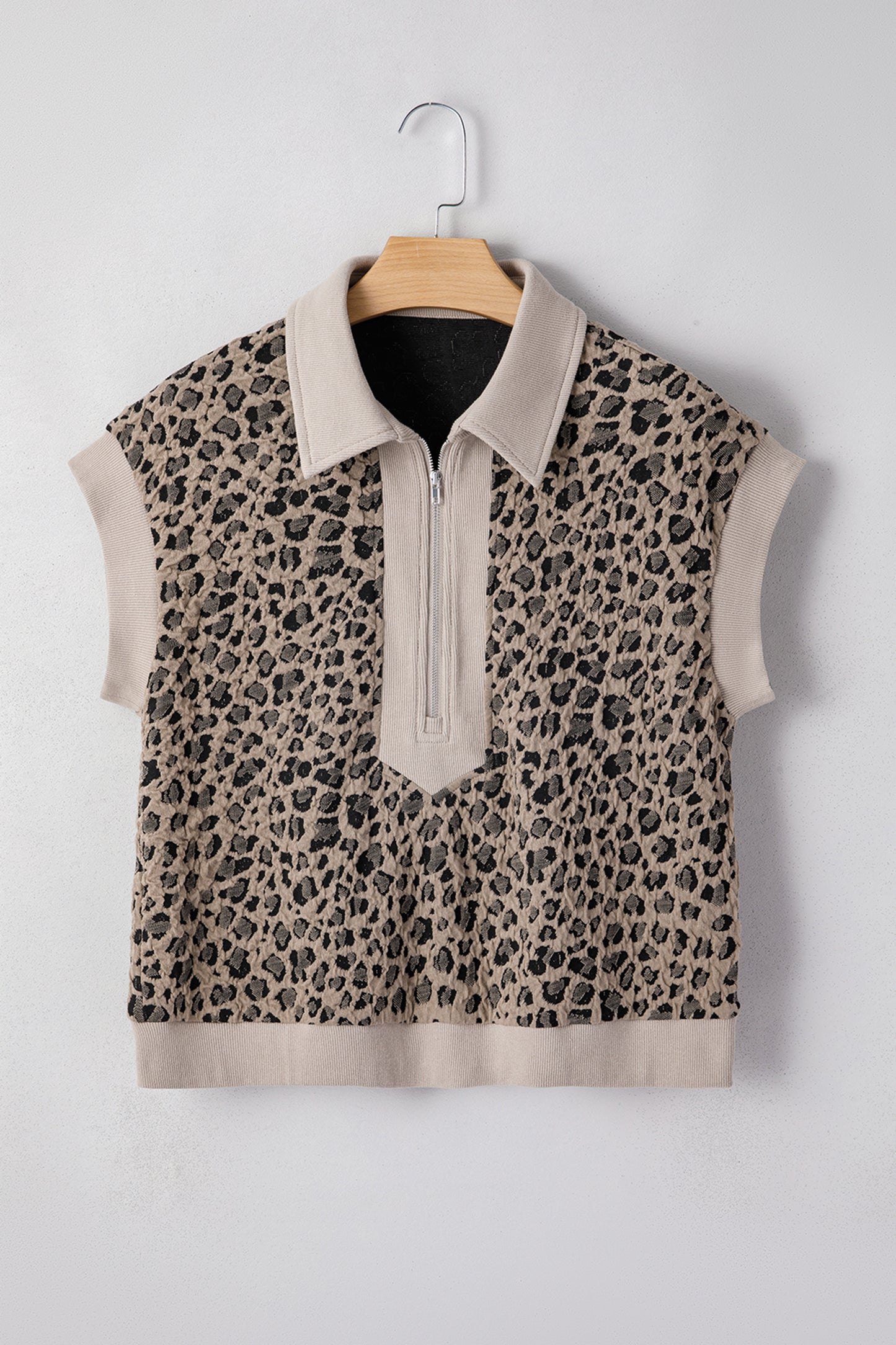 Leopard Zip-Up Collared Cap Sleeve Top