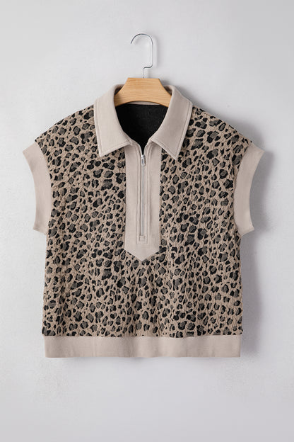 Leopard Zip-Up Collared Cap Sleeve Top