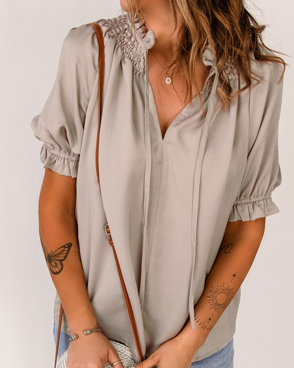 Frilled Split V-Neck Blouse