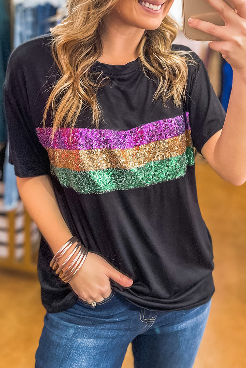 Sequin Stripe Crewneck T-Shirt