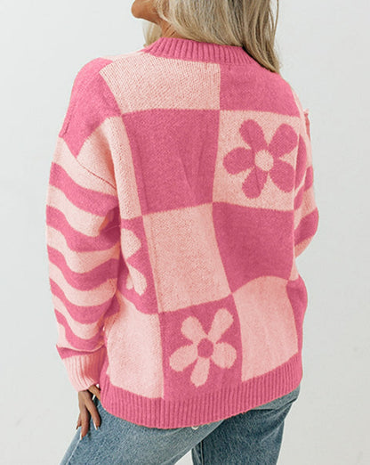 Checkered Floral Stripe Colorblock Sweater