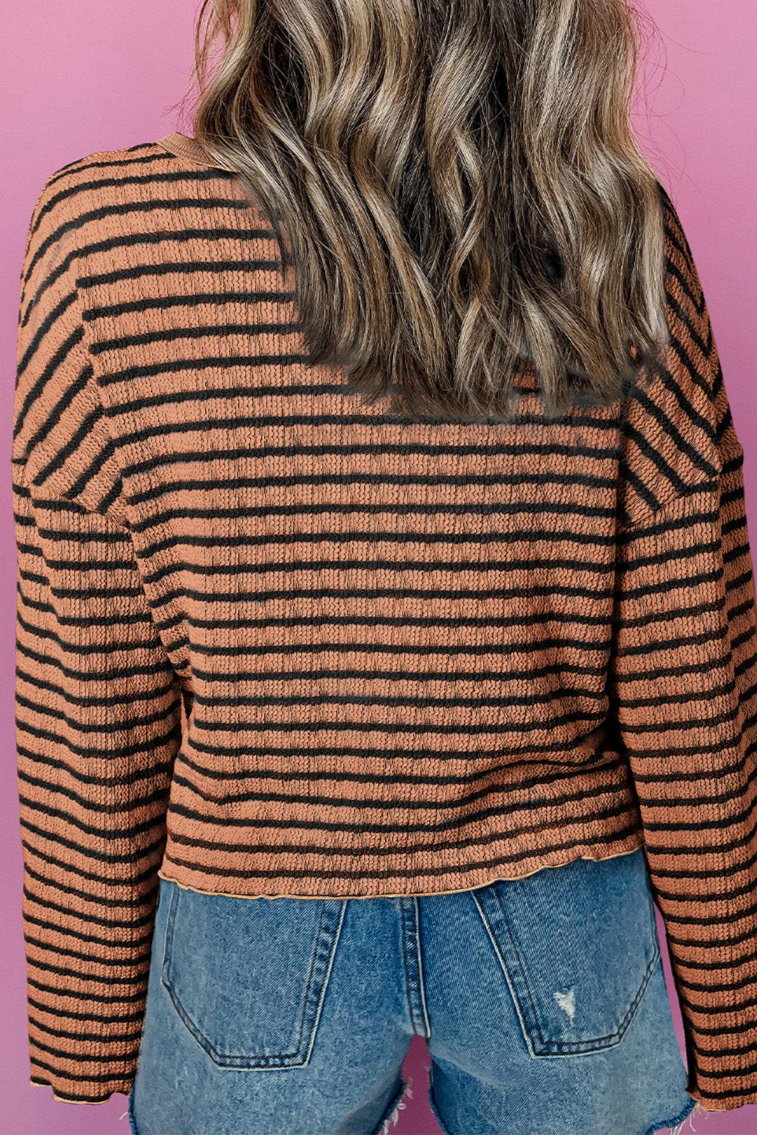 Stripe Textured Long Sleeve Henley Top