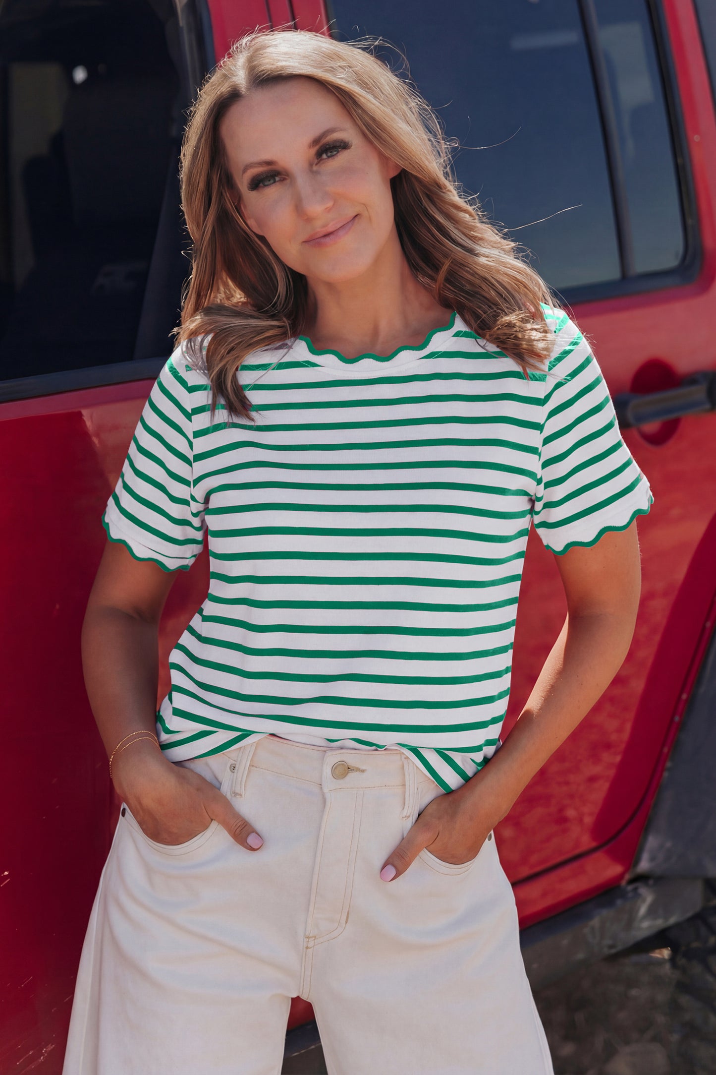 Stripe Scallop Trim Round Neck T-Shirt