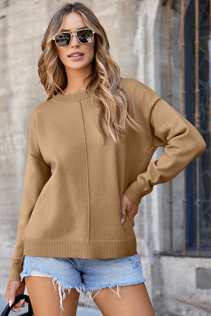 Solid Front Center Seam Drop Shoulder Sweater
