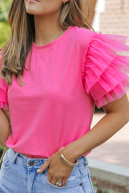 Tulle Ruffle Short Sleeve Top