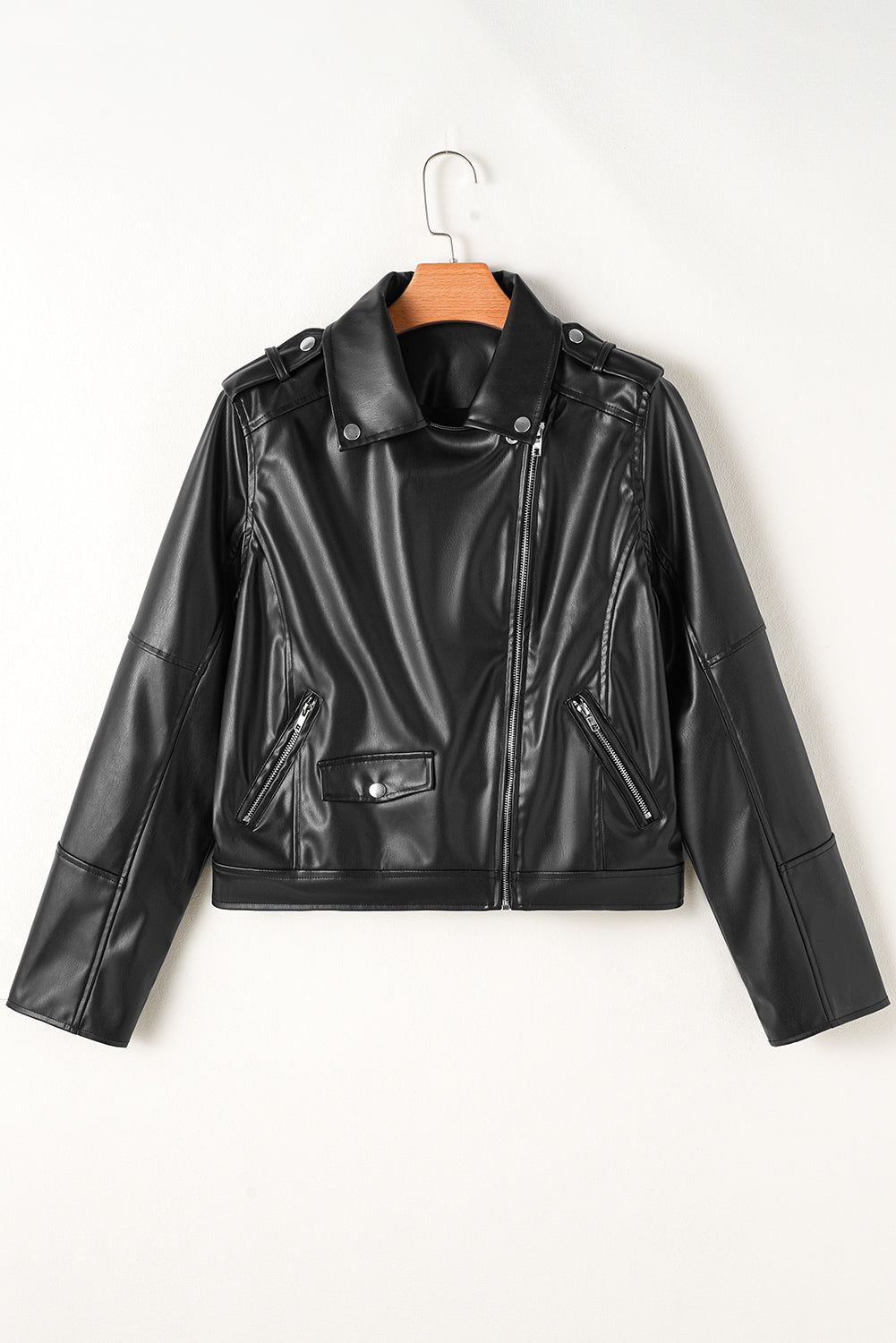 Leather Lapel Collar Zip Up Jacket