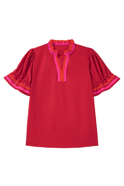 Stripe Frilled V-Neck Ruffle Short Sleeve Blouse