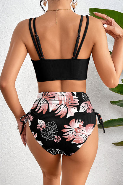 Tropical Colorblock Ribbed High Waist Bikini Swimsuit
