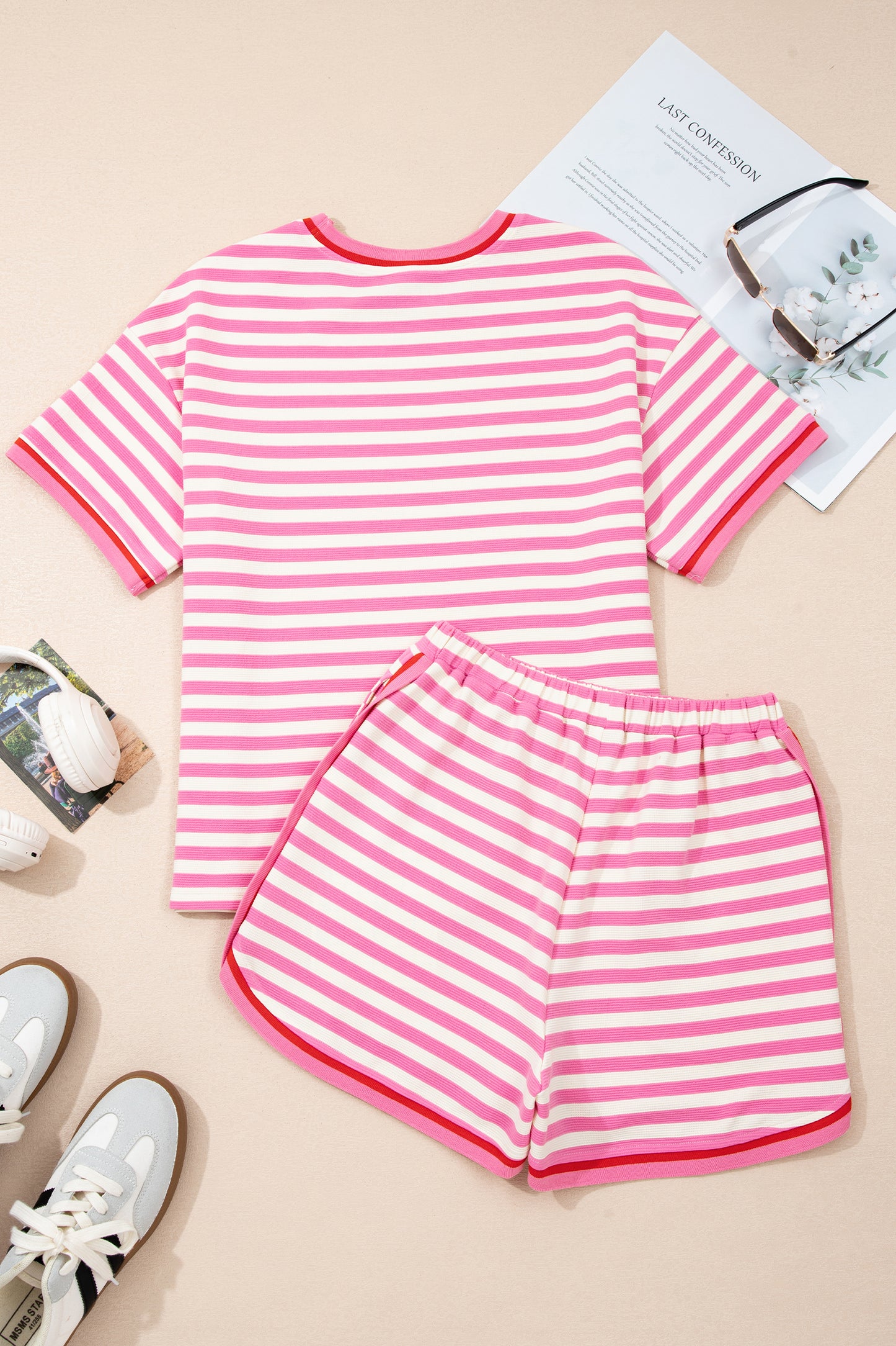 Stripe Contrast Trim Top & Loose Shorts Set