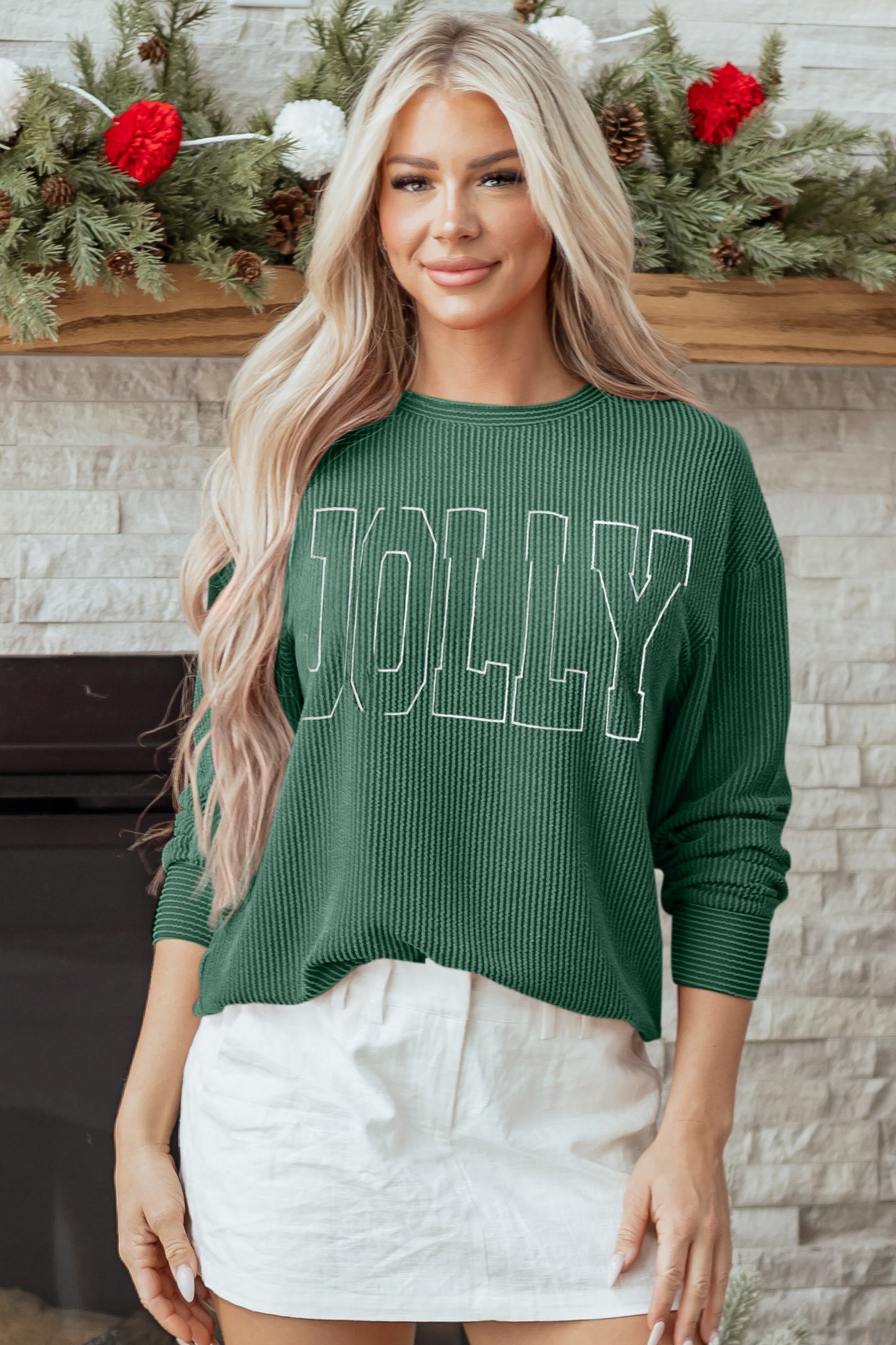 Christmas Merry Corded Knit Long Sleeve Top