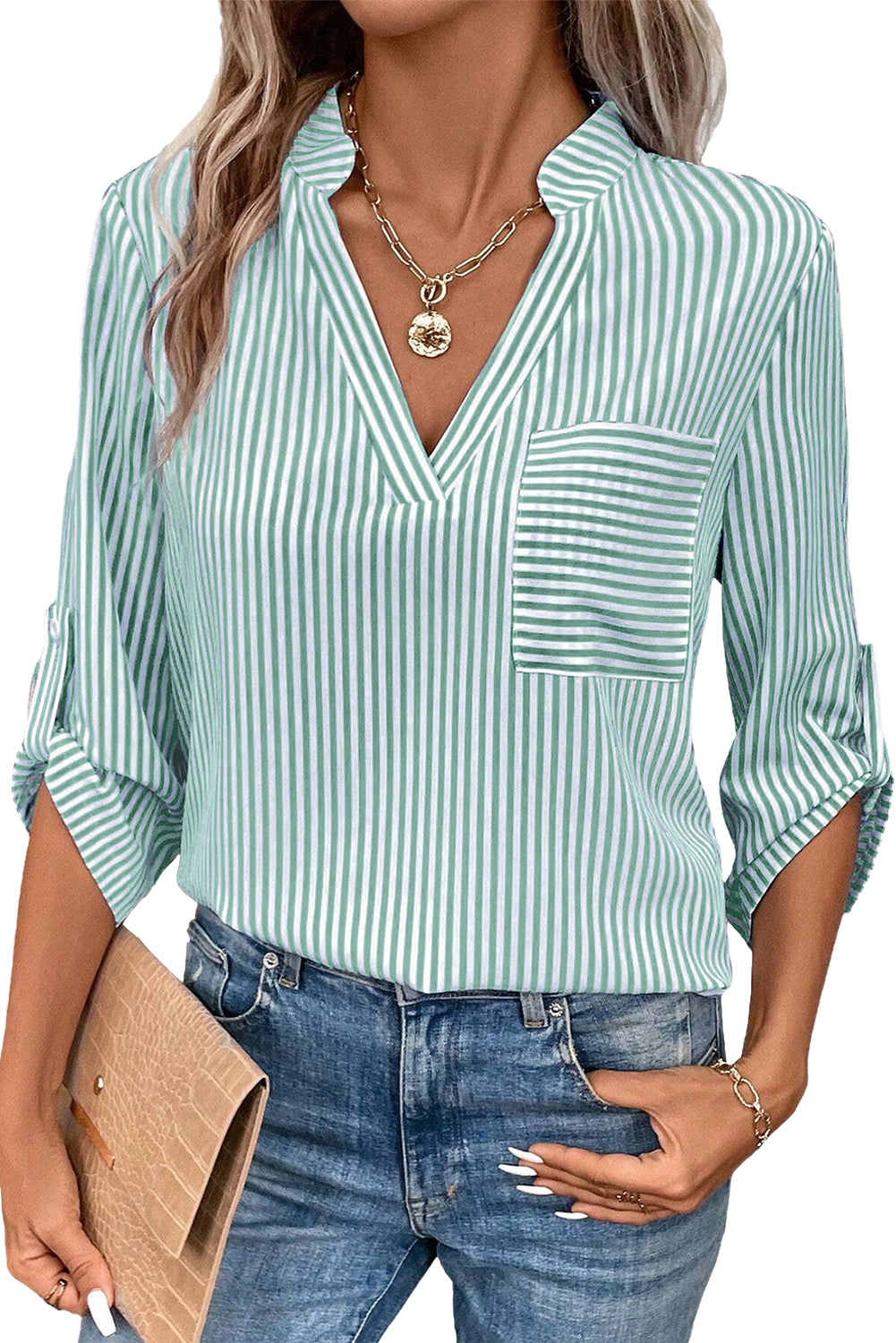 Stripe Tab Sleeve V-Neck Shirt