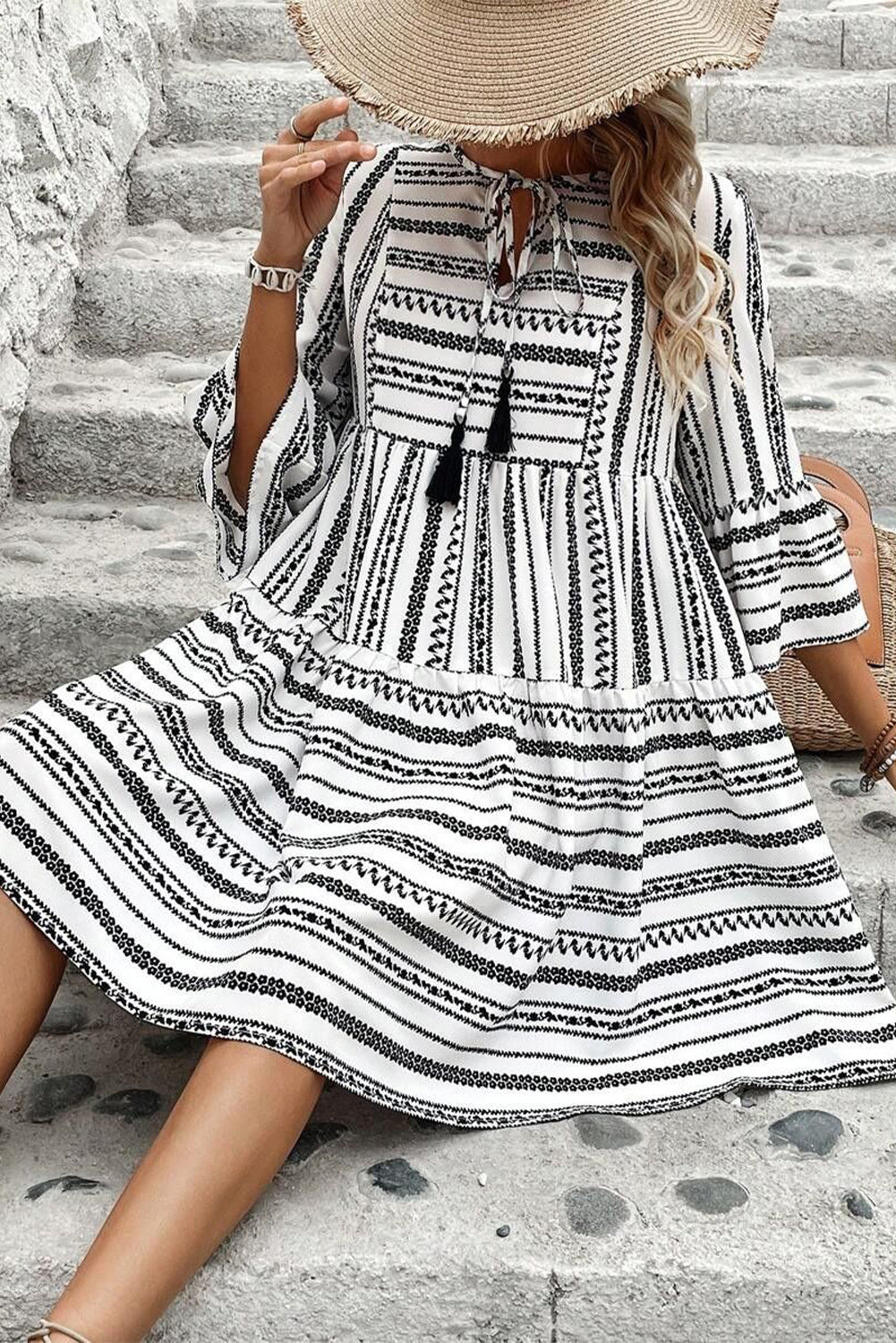 Stripe V-Neck Bell Sleeve Mini Dress