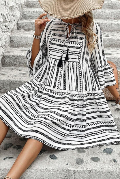 Stripe V-Neck Bell Sleeve Mini Dress