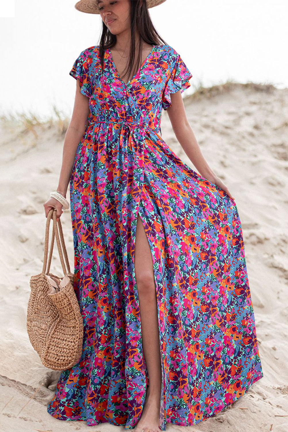 Floral Wrap V-Neck Maxi Dress