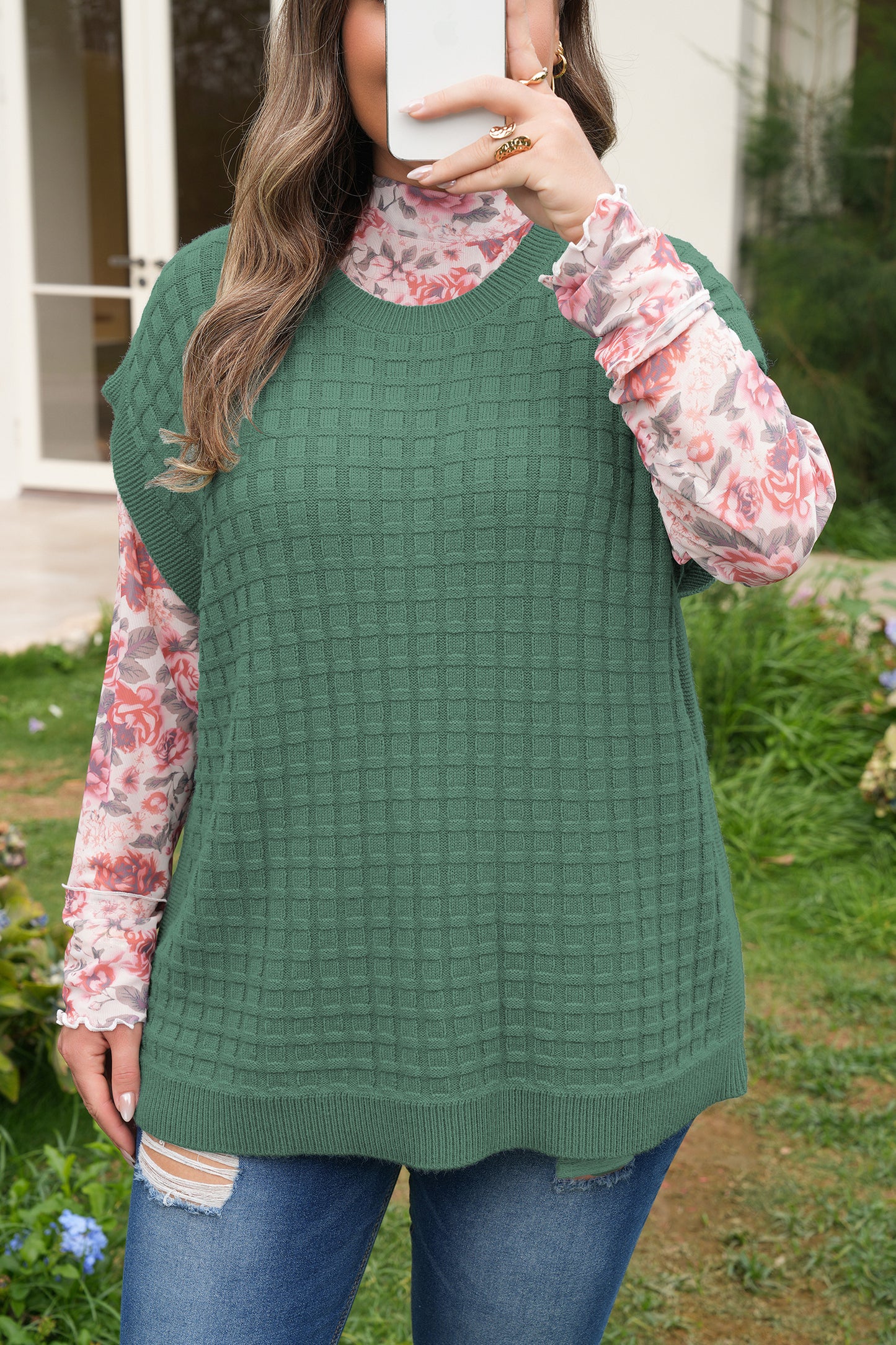Plus Size Solid Textured Knit Short Sleeve Sweater