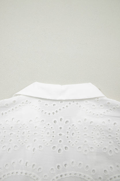 Solid Embroidered Eyelet Collared V-Neck Mini Dress