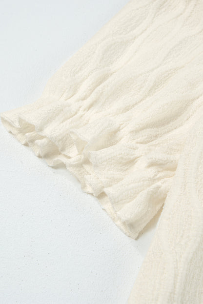 Solid Textured Notched Neck Puff Sleeve Blouse