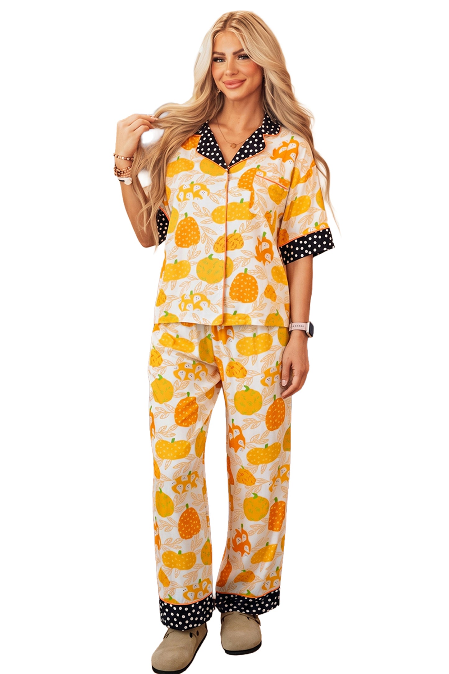 Pumpkin Polka Dot Trim Top & Pants Lounge Set