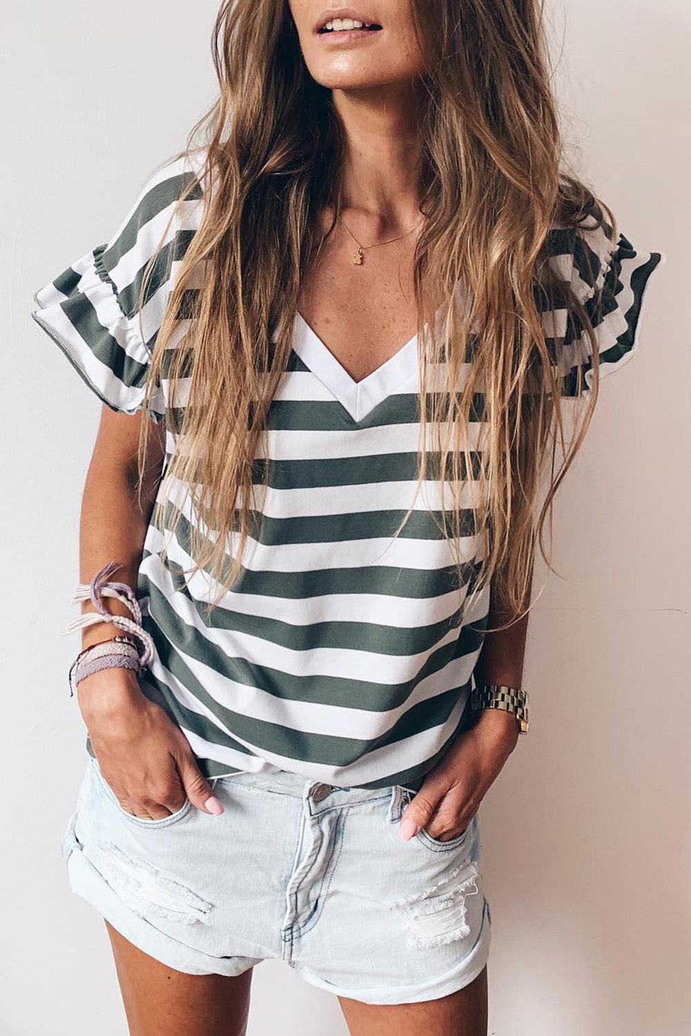 Stripe Ruffle Sleeve V-Neck Top