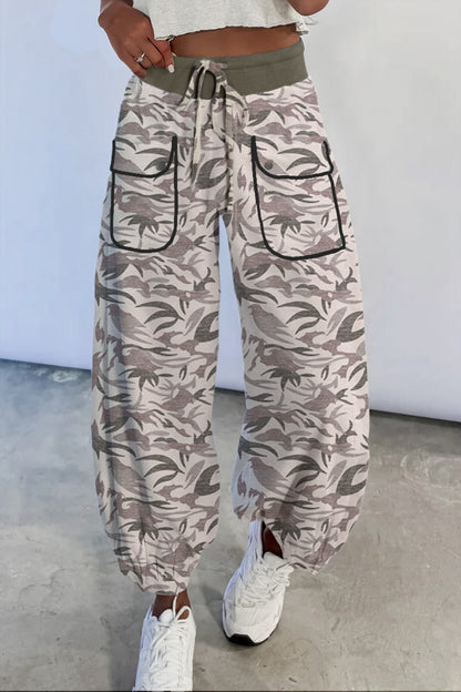 Camo Drawstring Contrast Waistband Barrel Cargo Pants