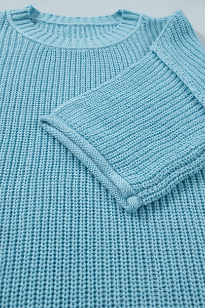 Solid Exposed Seam 3/4 Sleeve Loose Sweater