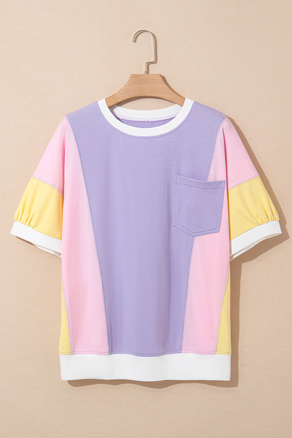Colorblock Patchwork 3/4 Sleeve Chest Pocket T-Shirt