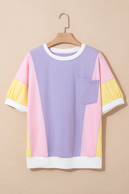 Colorblock Patchwork 3/4 Sleeve Chest Pocket T-Shirt
