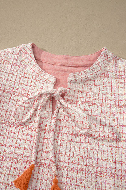 Plaid Textured Contrast Trim Tassel-Tie Mini Dress
