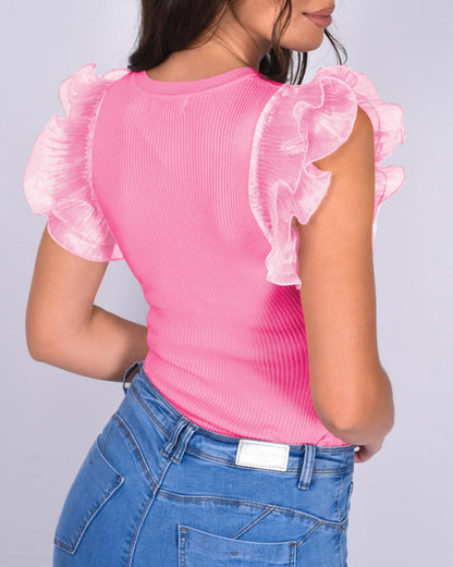 Ruffle Pleated Ribbed Knit T-Shirt