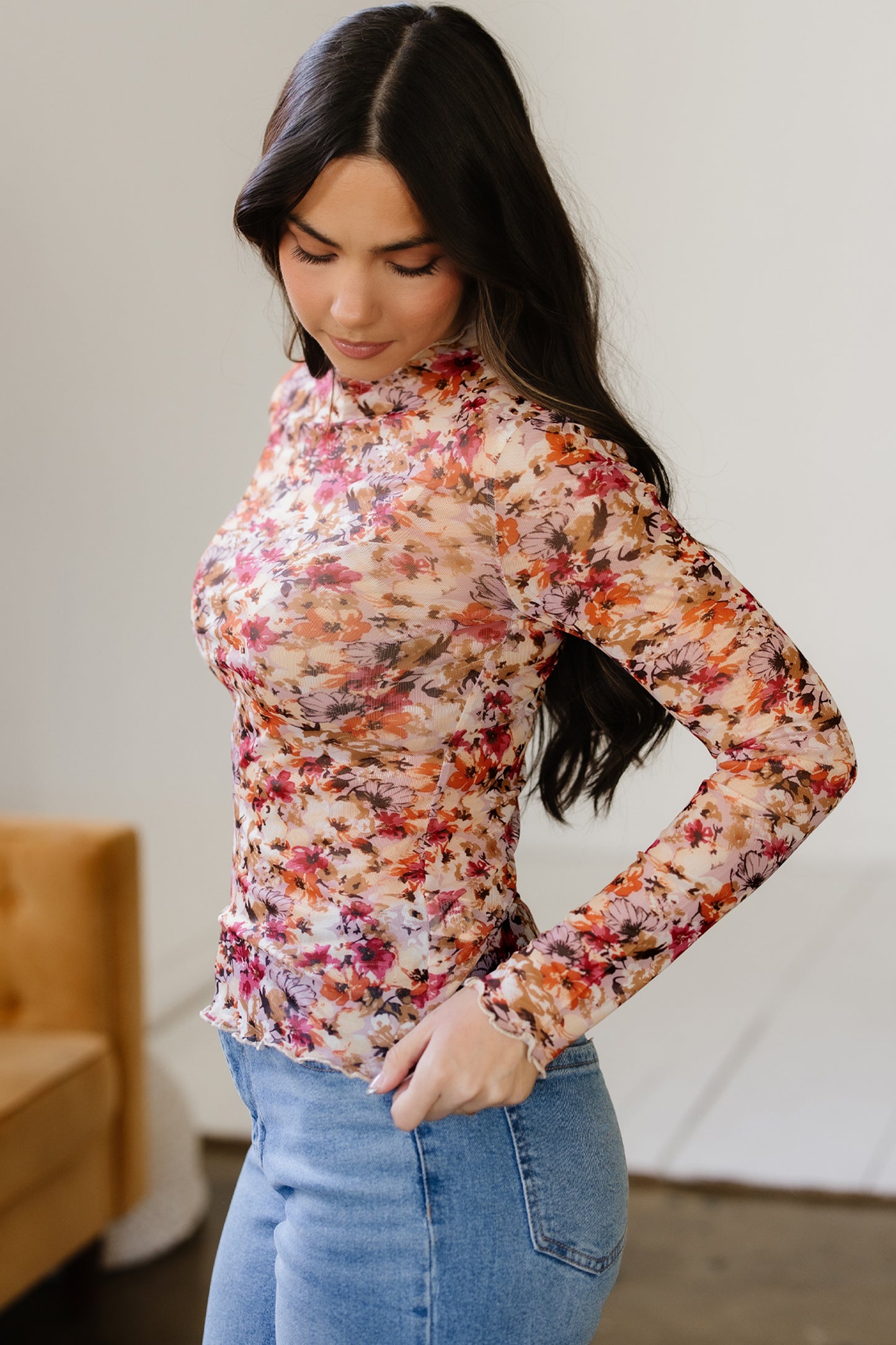 Floral Mesh Lettuce Trim Long Sleeve Top
