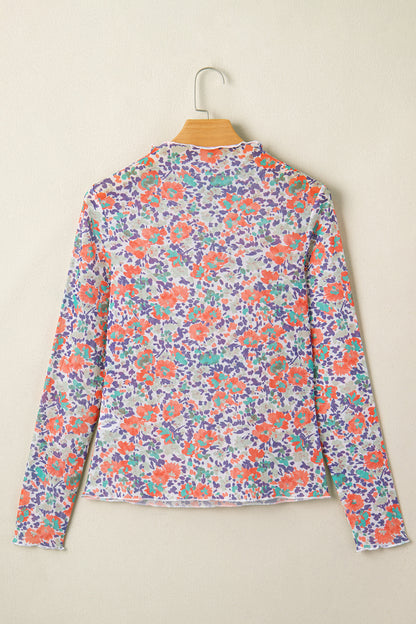 Floral Mesh Long Sleeve Mock Neck Top