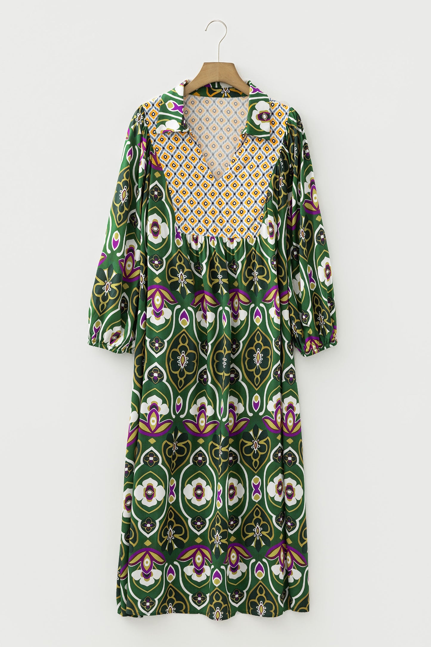 Plus Size Floral Patchwork Collared V-Neck Maxi Dress