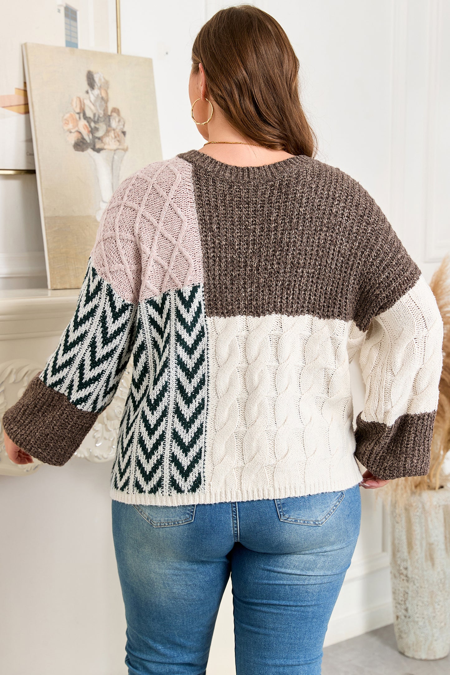 Plus Size Colorblock Cable Knit Tie Back Sweater