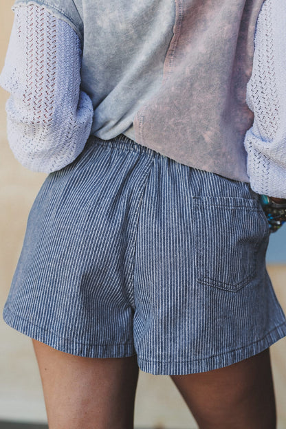 Stripe Denim Drawstring Elastic Waist Shorts