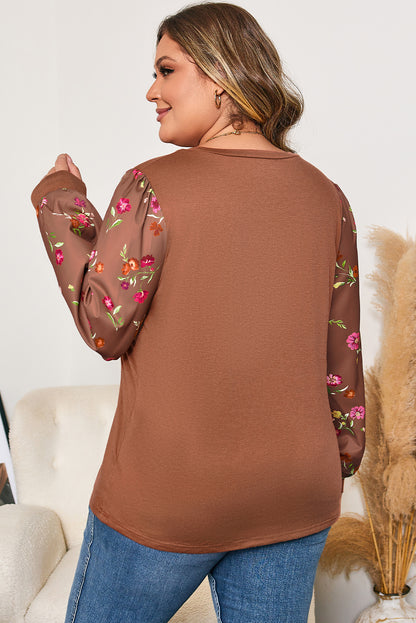 Plus Size Floral Patchwork Sleeve Crewneck Top