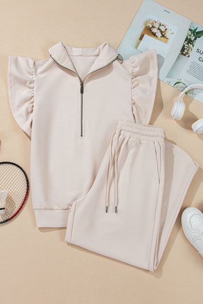Textured Ruffle Half Zip Top and Pants Set