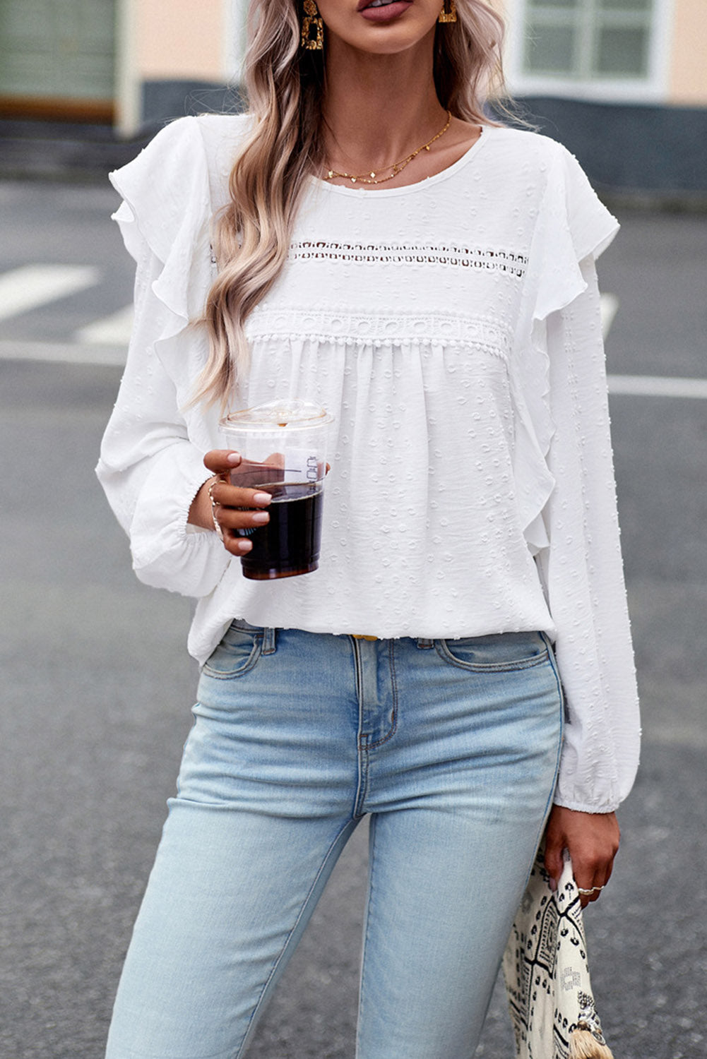 Eyelet Ruffle Lantern Sleeve Blouse