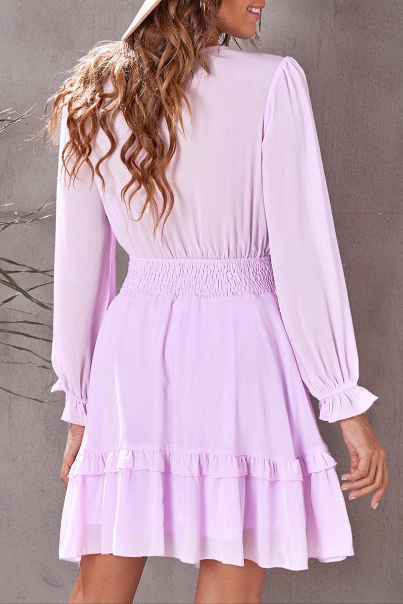 Bow V-Neck Lantern Sleeve Dress