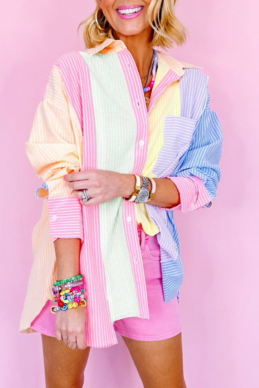 Stripe Colorblock Oversized Buttoned Shirt