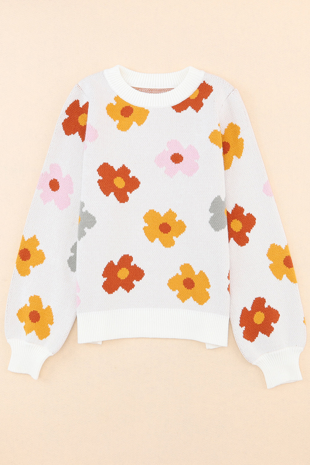 Floral Rib Trim Crewneck Sweater