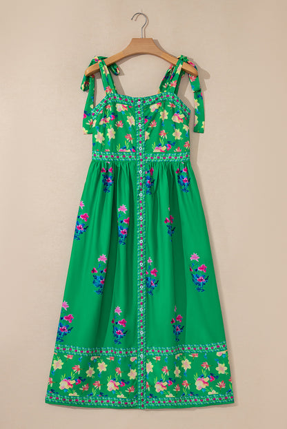 Floral Contrast Trim Knotted Straps Midi Dress