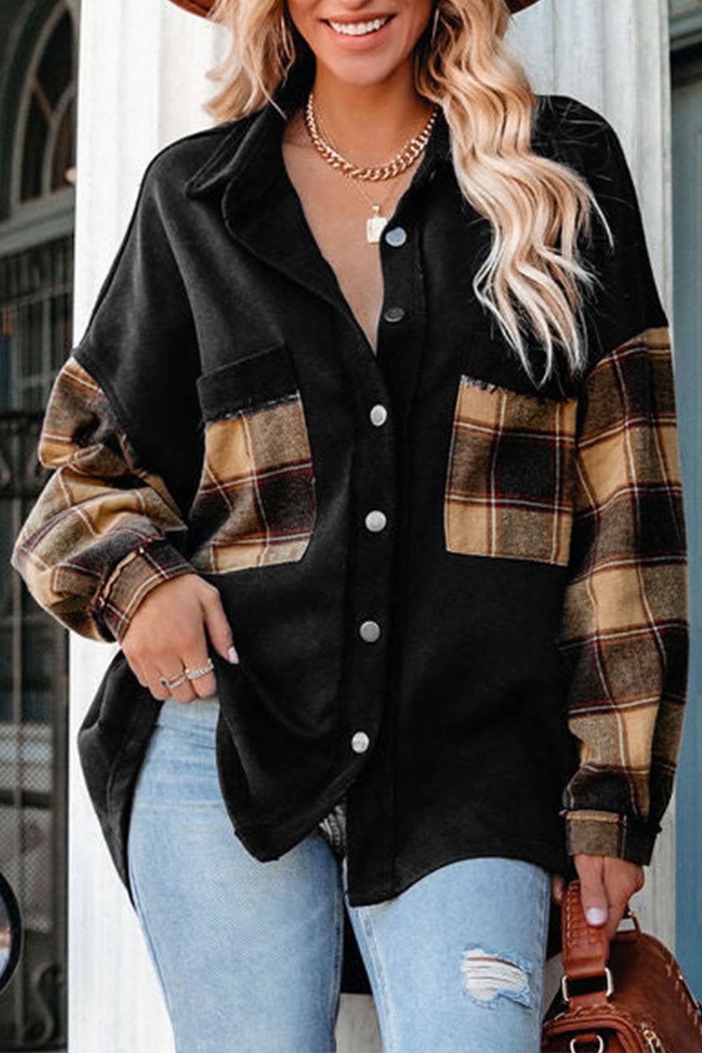 Plaid Patchwork Oversized Shirt Jacket