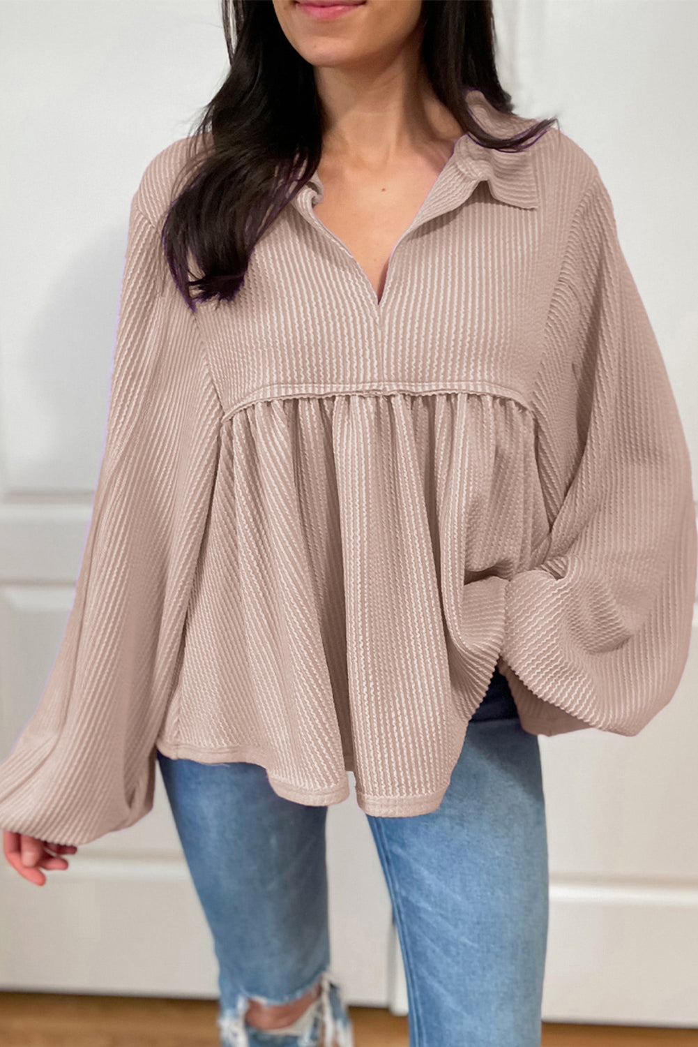 Corded V-Neck Bubble Sleeve Blouse