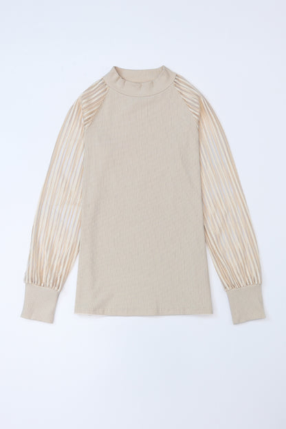 Stripe Ribbed Mesh Long Sleeve Crewneck Top