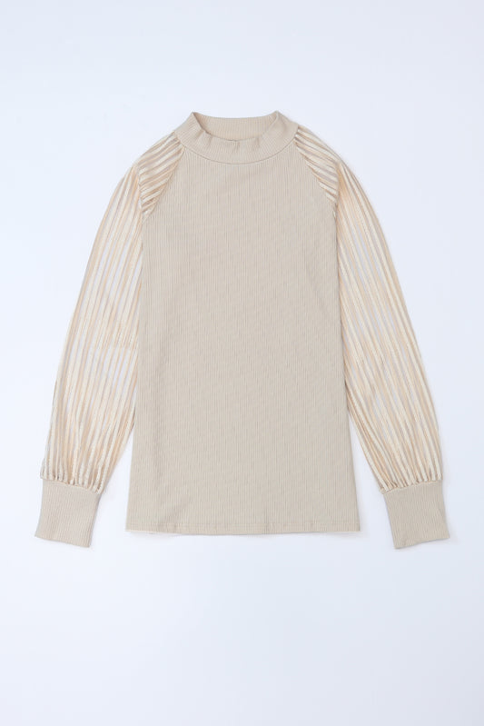 Stripe Ribbed Mesh Long Sleeve Crewneck Top