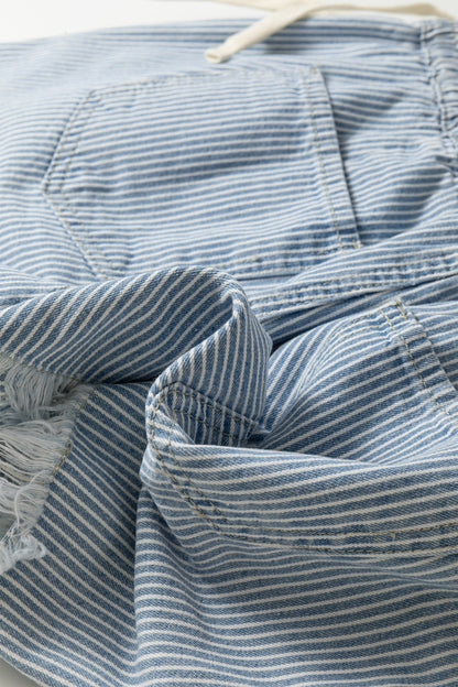Stripe Denim Raw Edge Drawstring Waist Shorts